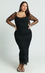 Evelyn Midi Dress Long Sleeve Shirred Tulle Dress in Black Polka