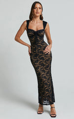 Collette Midi Dress Ruched Bust Wide Strap Detail Lace Midi Dress in Black