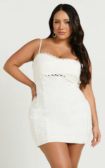 Gigi Mini Linen Blend Dress Sweetheart Tie Back Scallop Detail Dress in Off White