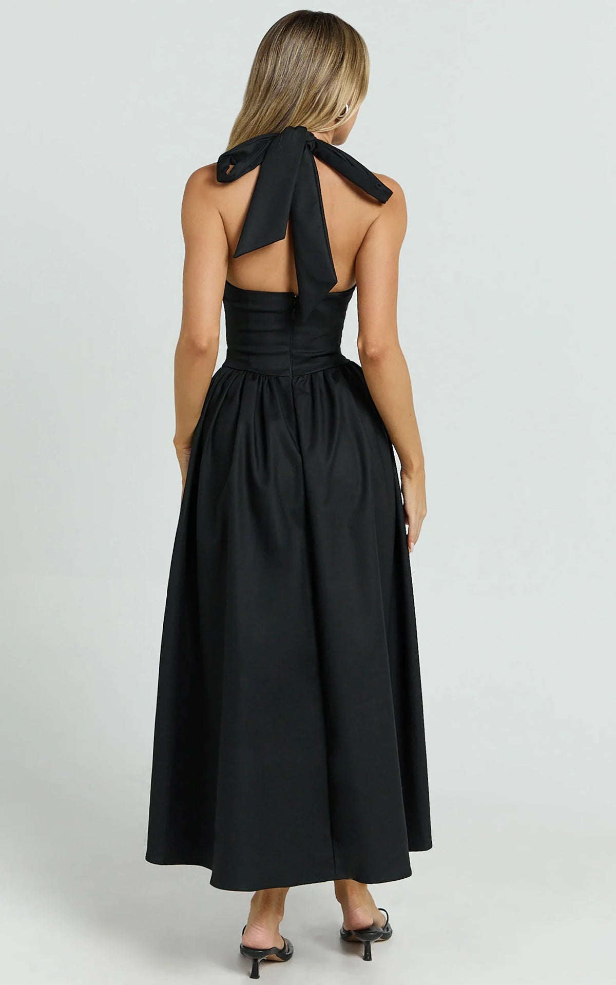 Helda Midi Dress Halter Tie Neck Corset Panel Dress in Black