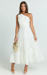 Nadette Midi Dress One Shoulder Pleated Tiered Dress in White